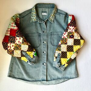 Upcycled Denim Vintage Patchwork Sleeve Collared Button Jacket Womens Size M